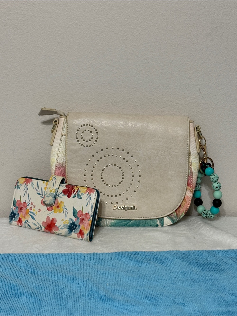 Desigual Cream Floral-Trim Shoulder/crossbody Bag with Matching Floral Wallet